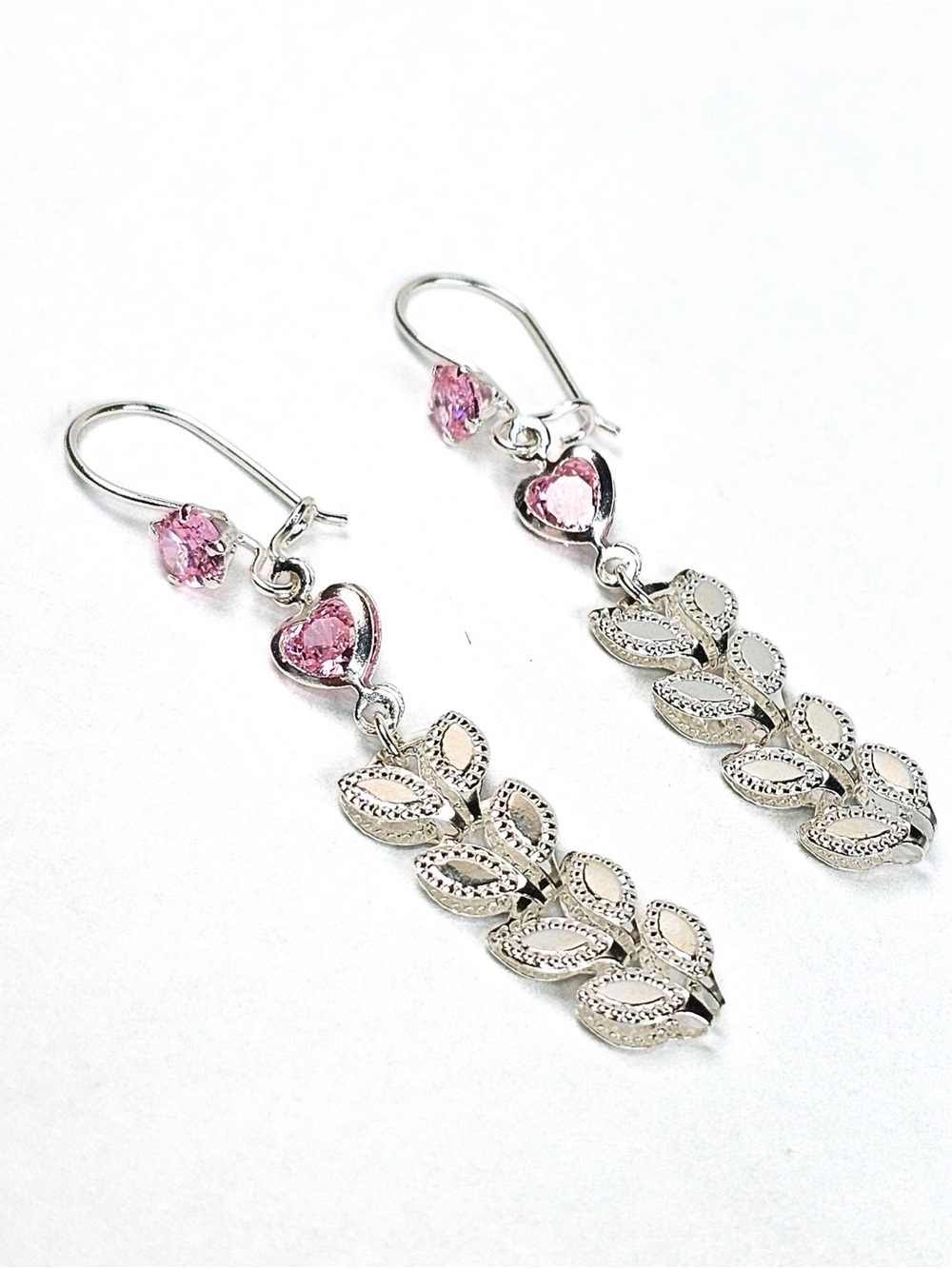 925 Sterling Silver Pink Crystal Heart Floral Dangle Earrings 46mm - Picture 3 of 8